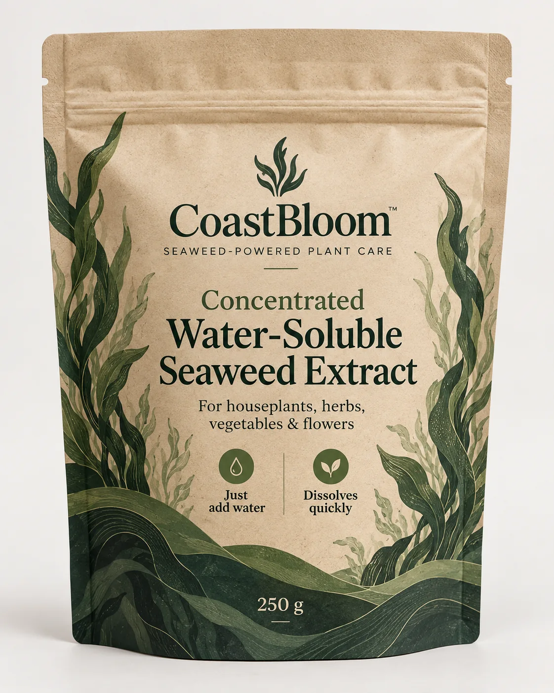 CoastBloom 250 g seaweed extract powder front pouch packaging design